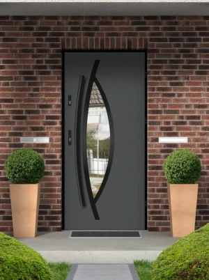 Model POGONA LOFT PREMIUM 72 mm front door with black frame and black bar – energy efficient [Ud=1.1] modern external door with mirrored glass