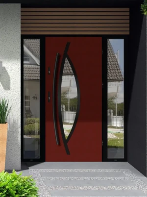 Model POGONA LOFT PREMIUM 72 mm front door with double sidelights / side panels with black frame and black bar - energy efficient modern external door