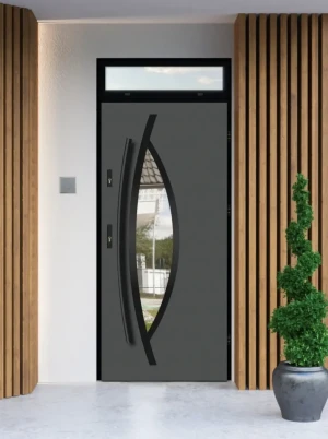 Model POGONA LOFT PREMIUM 72 mm front door with top sidelight / top panel with black frame and black bar - energy efficient modern external door with
