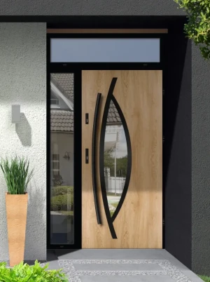 Model POGONA LOFT PREMIUM 72 mm front door with side and top sidelight / side and top panel with black frame and black bar - energy efficient modern e