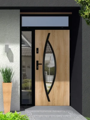 Model POGONA LOFT PREMIUM 72 mm front door with side and top sidelight / side and top panel with black frame and black handle - energy efficient moder