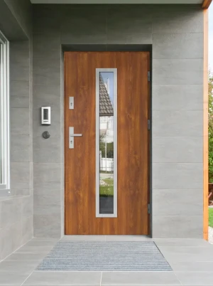 Model ANOLIS PREMIUM 72 mm front door with handle – energy efficient [Ud=1.1] modern external door with triple-glazed mirrored glass Inox Design