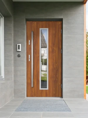 Model ANOLIS PREMIUM 72 mm front door with bar – energy efficient [Ud=1.1] modern external door with triple-glazed mirrored glass Inox Design