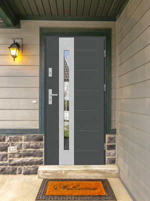 Model TULUZA PREMIUM 72 mm front door with handle – energy efficient [Ud=1.1] modern external door with triple-glazed mirrored glass Inox Design