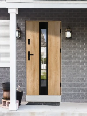 Model PAPUA BLACK PREMIUM 72 mm front door with black handle – energy efficient [Ud=1.1] modern external door with mirrored glass