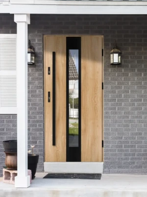 Model PAPUA BLACK PREMIUM 72 mm front door with black bar – energy efficient [Ud=1.1] modern external door with mirrored glass