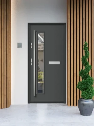 Model AQUILA PREMIUM 72 mm front door with bar – energy efficient [Ud=1.1] modern external door with triple-glazed mirrored glass Classic Style