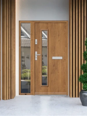 Model AQUILA PREMIUM 72 mm front door with sidelight / side panel with handle – energy efficient modern external door with mirrored glass