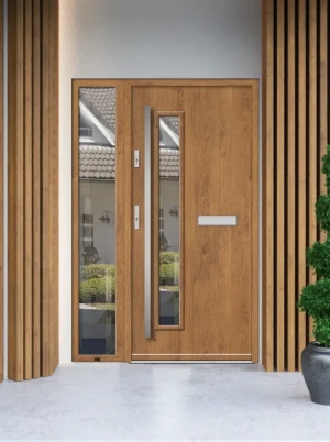 Model AQUILA PREMIUM 72 mm front door with sidelight / side panel with bar – energy efficient modern external door with mirrored glass