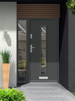 Model ARDEA PREMIUM 72 mm front door with sidelight / side panel with handle – energy efficient modern external door with mirrored glass