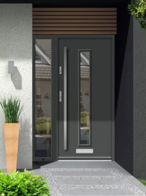 Model ARDEA PREMIUM 72 mm front door with sidelight / side panel with bar – energy efficient modern external door with mirrored glass