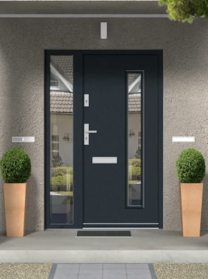Model BONASA PREMIUM 72 mm front door with sidelight / side panel with handle – energy efficient modern external door with mirrored glass