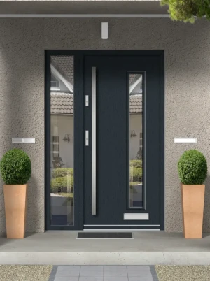 Model BONASA PREMIUM 72 mm front door with sidelight / side panel with bar – energy efficient modern external door with mirrored glass