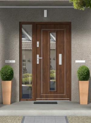 Model BUTEO PREMIUM 72 mm front door with sidelight / side panel with handle – energy efficient modern external door with mirrored glass