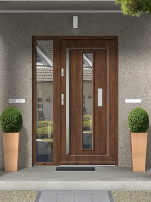 Model BUTEO PREMIUM 72 mm front door with sidelight / side panel with bar – energy efficient modern external door with mirrored glass