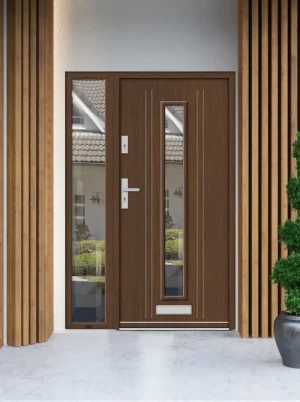 Model FALCO PREMIUM 72 mm front door with sidelight / side panel with handle – energy efficient modern external door with mirrored glass