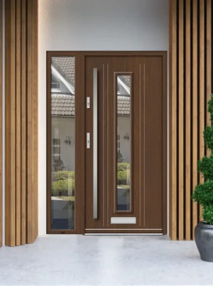 Model FALCO PREMIUM 72 mm front door with sidelight / side panel with bar – energy efficient modern external door with mirrored glass