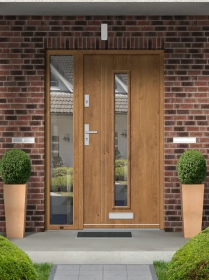 Model LARUS PREMIUM 72 mm front door with sidelight / side panel with handle – energy efficient modern external door with mirrored glass