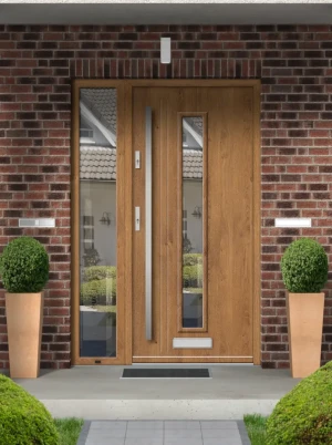 Model LARUS PREMIUM 72 mm front door with sidelight / side panel with bar – energy efficient modern external door with mirrored glass