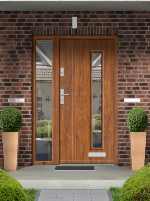 Model STRIX PREMIUM 72 mm front door with sidelight / side panel with handle – energy efficient modern external door with mirrored glass