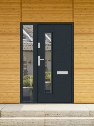 Model TETRAE PREMIUM 72 mm front door with sidelight / side panel with handle – energy efficient modern external door with mirrored glass