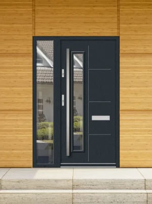 Model TETRAE PREMIUM 72 mm front door with sidelight / side panel with bar – energy efficient modern external door with mirrored glass