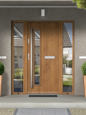 Model AQUILA PREMIUM 72 mm front door with double sidelights / side panels with bar – energy efficient modern external door with mirrored glass