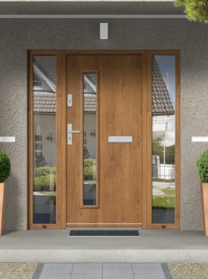 Model AQUILA PREMIUM 72 mm front door with double sidelights / side panels with handle – energy efficient modern external door with mirrored glass