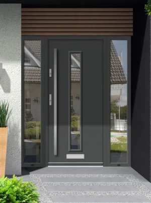 Model ARDEA PREMIUM 72 mm front door with double sidelights / side panels with bar – energy efficient modern external door with mirrored glass