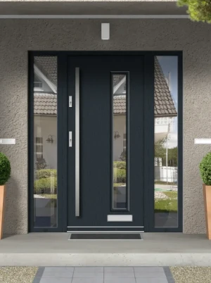 Model BONASA PREMIUM 72 mm front door with double sidelights / side panels with bar – energy efficient modern external door with mirrored glass