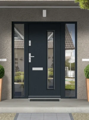 Model BONASA PREMIUM 72 mm front door with double sidelights / side panels with handle – energy efficient modern external door with mirrored glass
