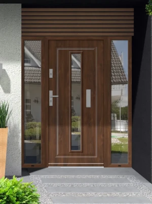 SAFE ALU-STEEL Well made durable modern made to measure energy efficient 72mm thick front door  warm aluminium frame wide double side panels with triple glazed glass Buteo PCV SZYBA