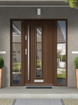 Model FALCO PREMIUM 72 mm front door with double sidelights / side panels with bar – energy efficient modern external door with mirrored glass