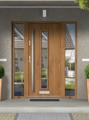 SAFE ALU-STEEL Well made durable modern made to measure energy efficient 72mm thick front door  warm aluminium frame wide double side panels with triple glazed glass Larus PCV SZYBA