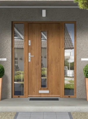 Model LARUS PREMIUM 72 mm front door with double sidelights / side panels with handle – energy efficient modern external door with mirrored glass