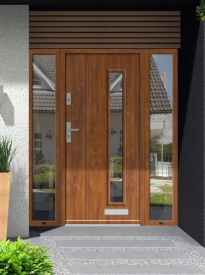 Model STRIX PREMIUM 72 mm front door with double sidelights / side panels with handle – energy efficient modern external door with mirrored glass