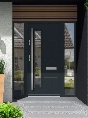 Model TETRAE PREMIUM 72 mm front door with double sidelights / side panels with bar – energy efficient modern external door with mirrored glass