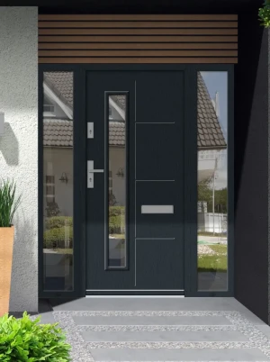 Model TETRAE PREMIUM 72 mm front door with double sidelights / side panels with handle – energy efficient modern external door with mirrored glass