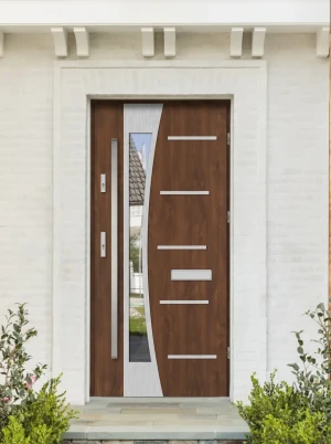 Model AGAMA PREMIUM 72 mm front door with bar – energy efficient [Ud=1.1] modern external door with triple-glazed mirrored glass Inox Design