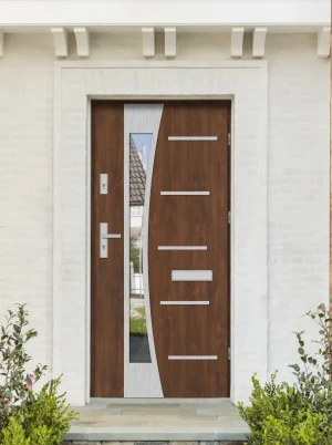 Model AGAMA PREMIUM 72 mm front door with handle – energy efficient [Ud=1.1] modern external door with triple-glazed mirrored glass Inox Design