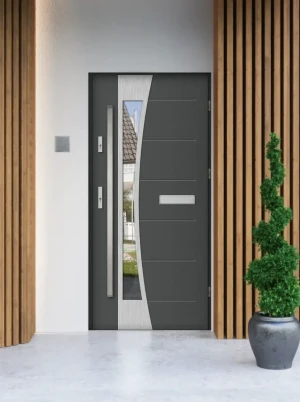 Model BELLIS PREMIUM 72 mm front door with bar – energy efficient [Ud=1.1] modern external door with triple-glazed mirrored glass Inox Design