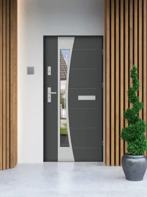 Model BELLIS PREMIUM 72 mm front door with handle – energy efficient [Ud=1.1] modern external door with triple-glazed mirrored glass Inox Design