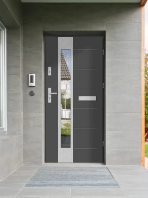 Contemporary modern front door and frame set triple-glazed mirrored glass - Model CAIMAN PREMIUM 72mm energy efficient U=1.1 with handle Inox Design