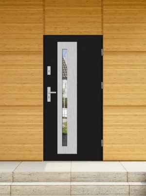 Contemporary modern front door and frame set triple-glazed mirrored glass - Model NATRIX PREMIUM 72mm energy efficient U=1.1 with handle Inox Design