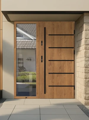 Contemporary energy saving external door and frame set model AURUM BLACK PREMIUM 72mm with side panel black bar and mirrored glass made to measure B
