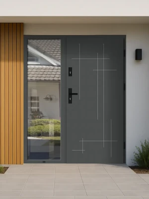 Contemporary energy saving external door and frame set model LAMINA BLACK PREMIUM 72mm with side panel black handle and mirrored glass made to measure