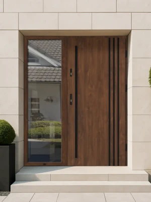 Contemporary energy saving external door and frame set model LINEA BLACK PREMIUM 72mm with side panel black bar and mirrored glass made to measure B