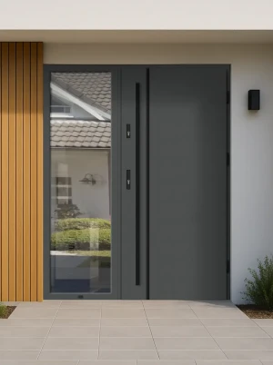 Contemporary energy saving external door and frame set model LUNA BLACK PREMIUM 72mm with side panel black bar and mirrored glass made to measure B