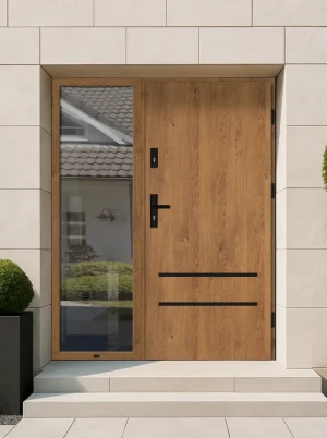 Contemporary energy saving external door and frame set model NOVA BLACK PREMIUM 72mm with side panel black handle and mirrored glass made to measure A