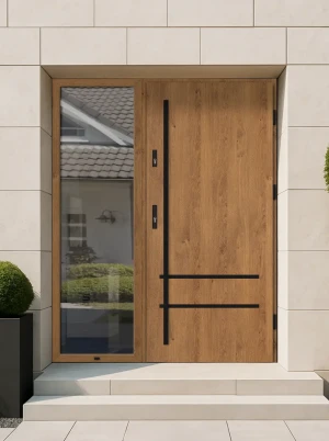 Contemporary energy saving external door and frame set model NOVA BLACK PREMIUM 72mm with side panel black bar and mirrored glass made to measure B